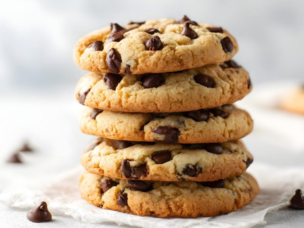 Pila di cinque biscotti con gocce di cioccolato dorato su un morbido tovagliolo bianco. Lo sfondo è sfocato e morbido, aggiungendo un tocco caldo e invitante.