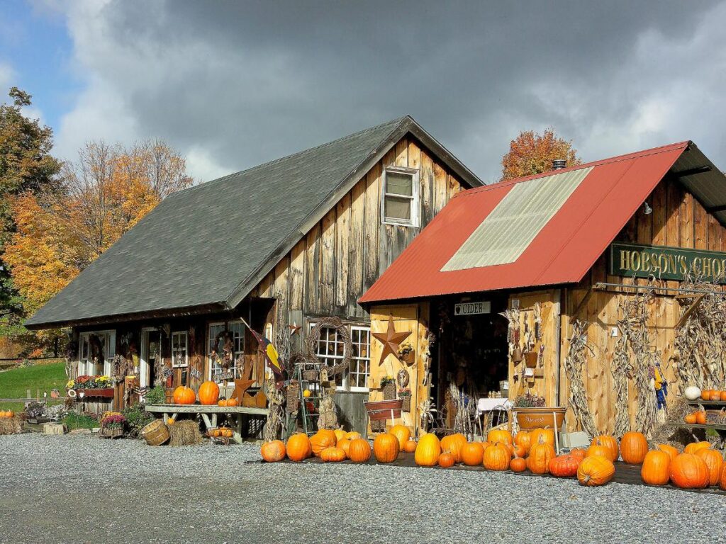 Fienile rustico con legno invecchiato e tetto in metallo rosso, circondato da zucche e decorazioni autunnali. Cielo coperto e alberi autunnali sullo sfondo. Atmosfera accogliente e stagionale.