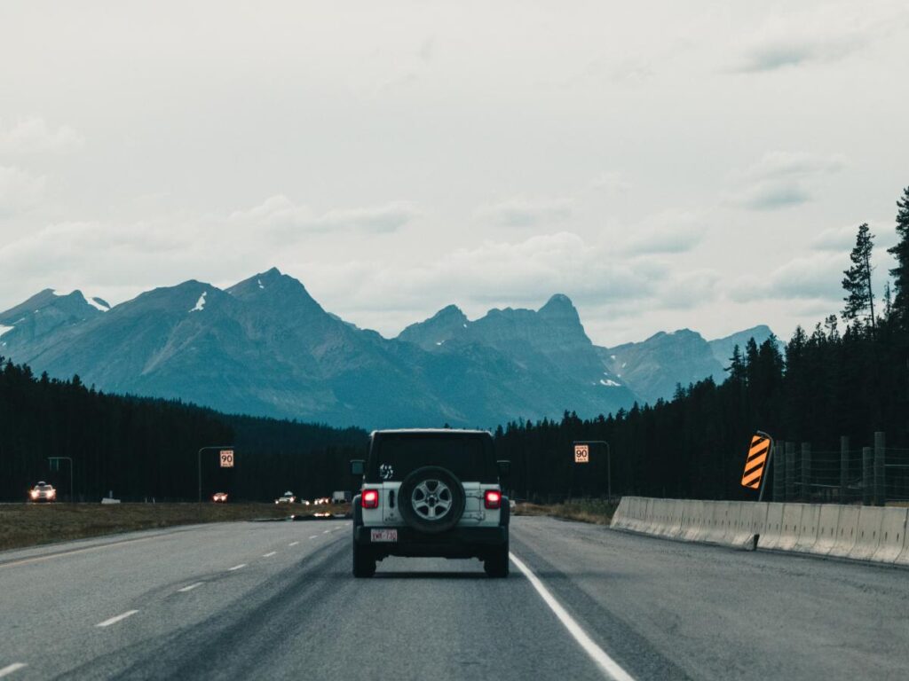 Un'auto percorre una strada panoramica fiancheggiata da alti pini, con maestose montagne sullo sfondo e un cielo nuvoloso in alto, evocando un senso di avventura da vivere durante un viaggio negli Stati Uniti.