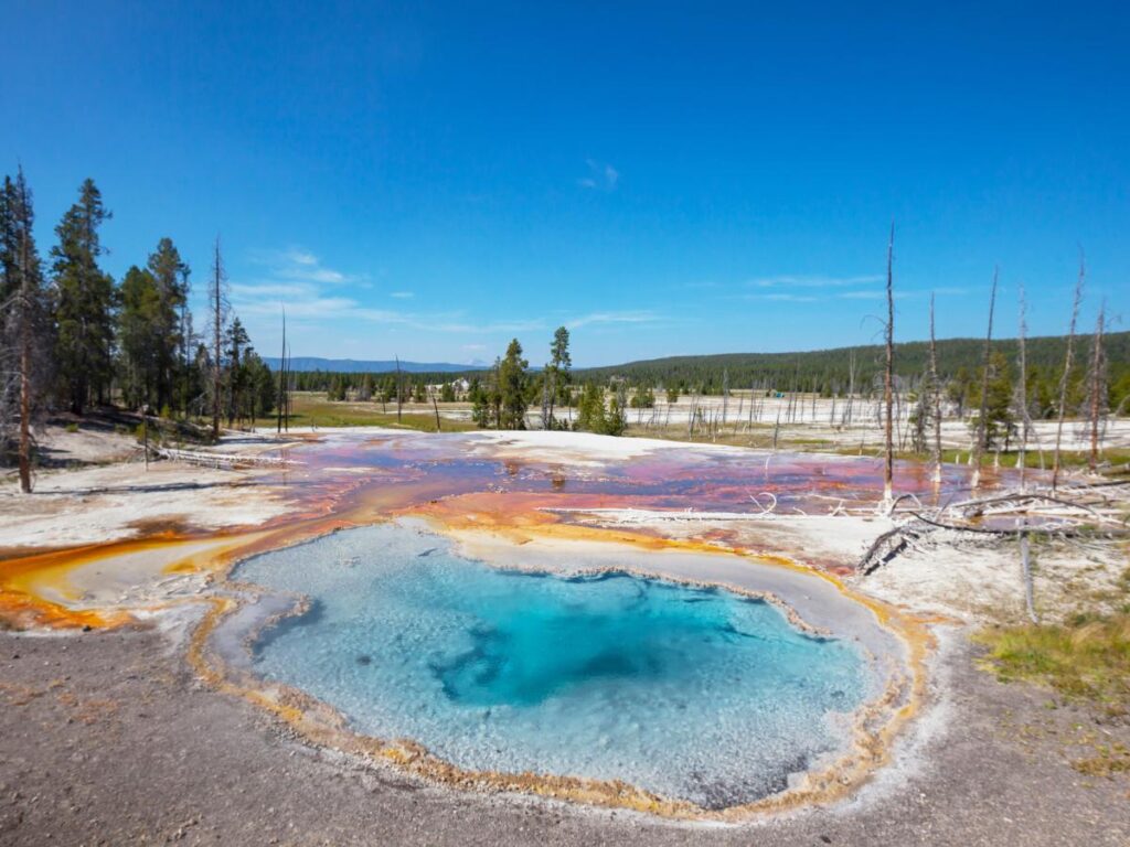 Sorgente termale vibrante con un centro blu intenso e bordi arancioni, circondata da alberi radi nelle giornate limpide. L'atmosfera è serena e naturale.