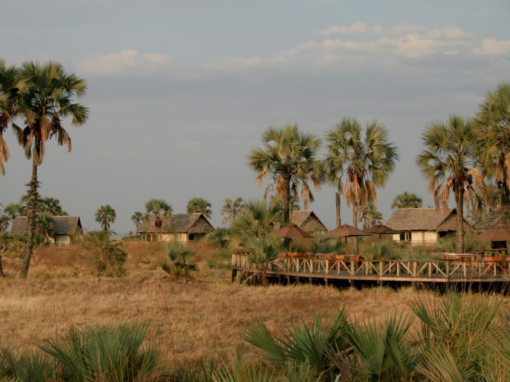 Un lodge in stile safari con capanne dal tetto di paglia e una terrazza in legno con ombrelloni, immerso in un paesaggio tropicale con palme.