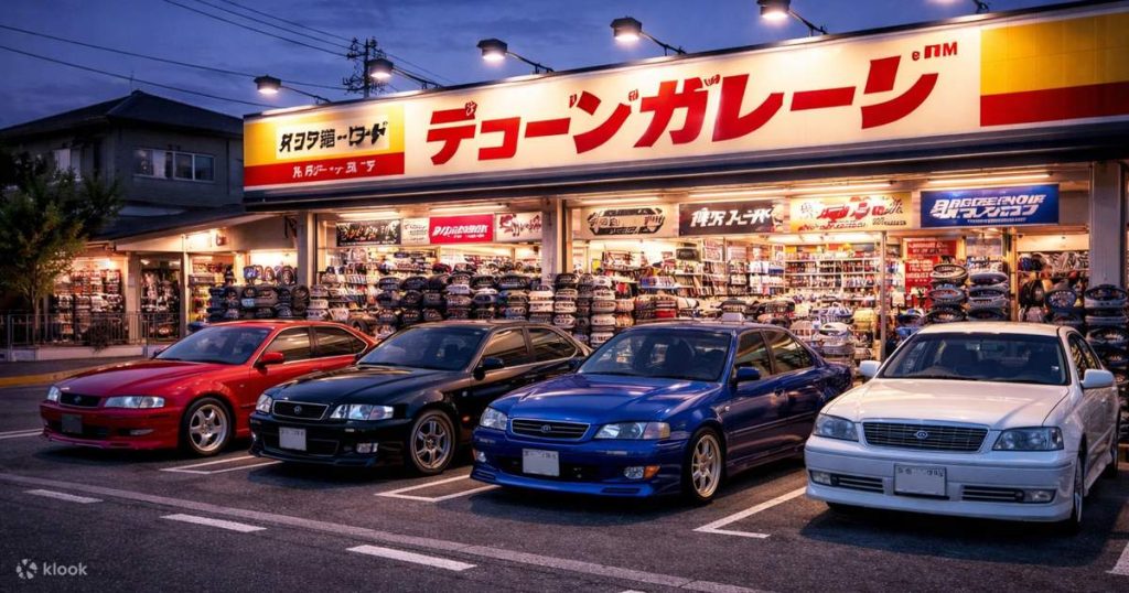 quattro auto sportive parcheggiate durante una serata Daikoku
