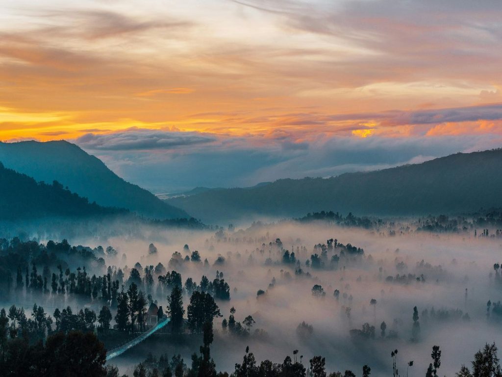 Vista panoramica all'alba sulla valle nebbiosa dell'isola di Giava con montagne e alberi immersi nella foschia.